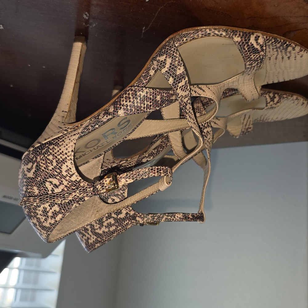 Michael Kors Snakeskin Strappy Heels - Beige and Brown Size 8